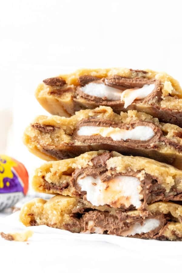stack of cookies stuffed with Cream Eggs, broken in half