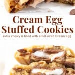 If you love Cadbury Cream Eggs - then I urge you to try these stuffed cookies this Easter. They're big, chewy, extra decadent and oozing with the delicious Cream Egg filling. They're delicious to serve as a treat at your Easter parties, or perfect for using up leftover Easter chocolate.