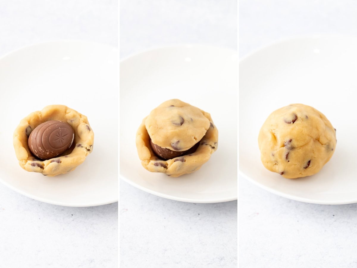 3 photos, showing how to assemble chocolate chip cookies, stuffed with a chocolate egg