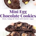 These Mini Egg chocolate cookies are thick and fudgy with a rich chocolate flavor, chocolate chips and tons of candy coated chocolate eggs. Add them to your Easter baking, or make them after Easter to use up leftover candy.
