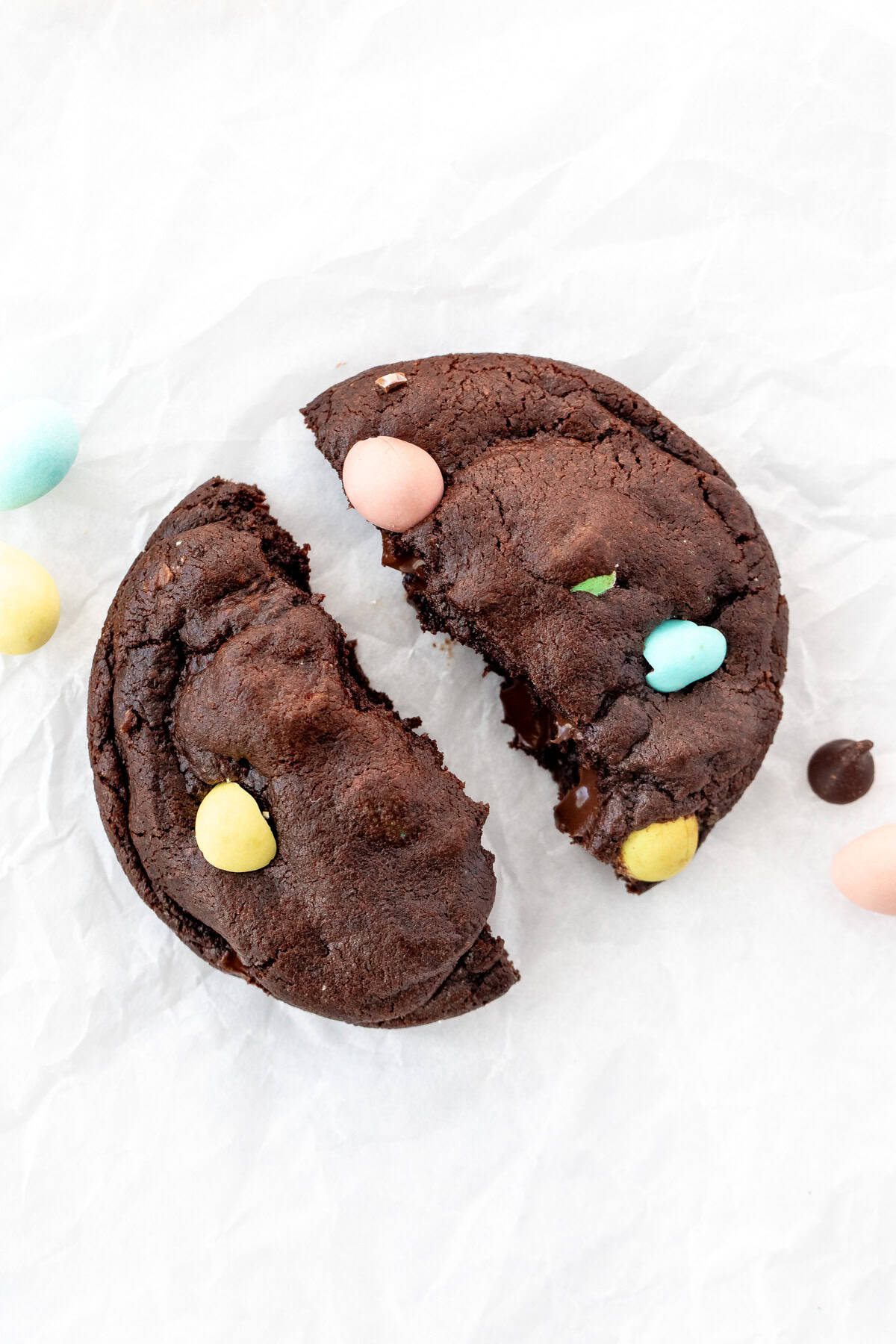 Mini Egg chocolate cookie, broken in half
