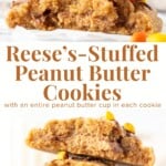 These Reese's stuffed peanut butter cookies are big, chewy peanut butter cookies with an entire peanut butter cup in the middle. After they're baked and cooled, they're drizzle with a little milk chocolate and crushed Reese's Pieces.