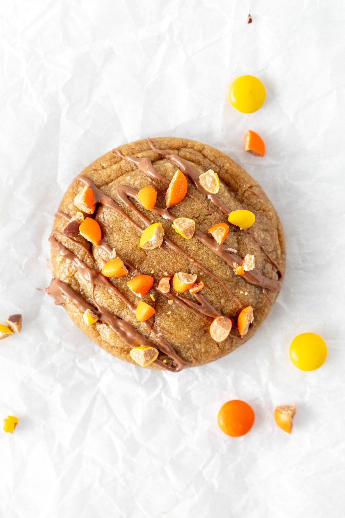 Peanut butter cookie with milk chocolate drizzle and crushed Reese's Pieces on top