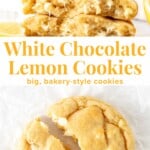 These lemon white chocolate chip cookies have a bright lemon flavor and tons of white chocolate chips. They're big, bakery-style cookies inspired by Levain Bakery in New York City and perfect if you love your cookie extra thick.