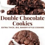These bakery-style double chocolate chip cookies are fudgy, gooey, gigantic and just about everything you could want in a cookie. They have slightly crispy edges with perfectly gooey centers that ooze with chocolate chips. #cookies #chocolate #doublechocolate #chocolatechip #recipe #bakery #bakerystyle from Just So Tasty