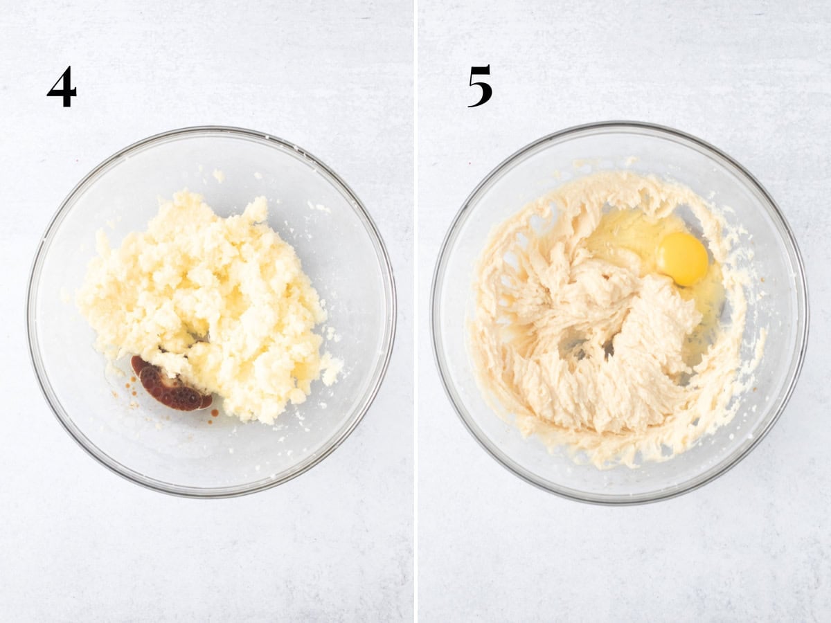 Bowl of creamed butter and sugar with oil and vanilla added to the bowl, and bowl of butter, sugar and oil mixture with 1 egg added to the bowl.