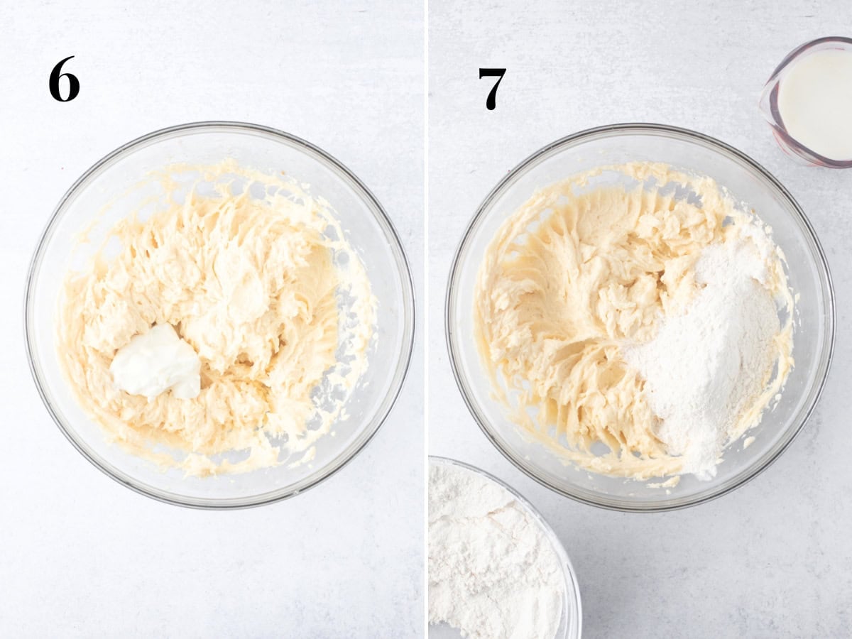 Bowl of cake batter with sour cream added to the bowl, and bowl of cake batter with dry ingredients added.