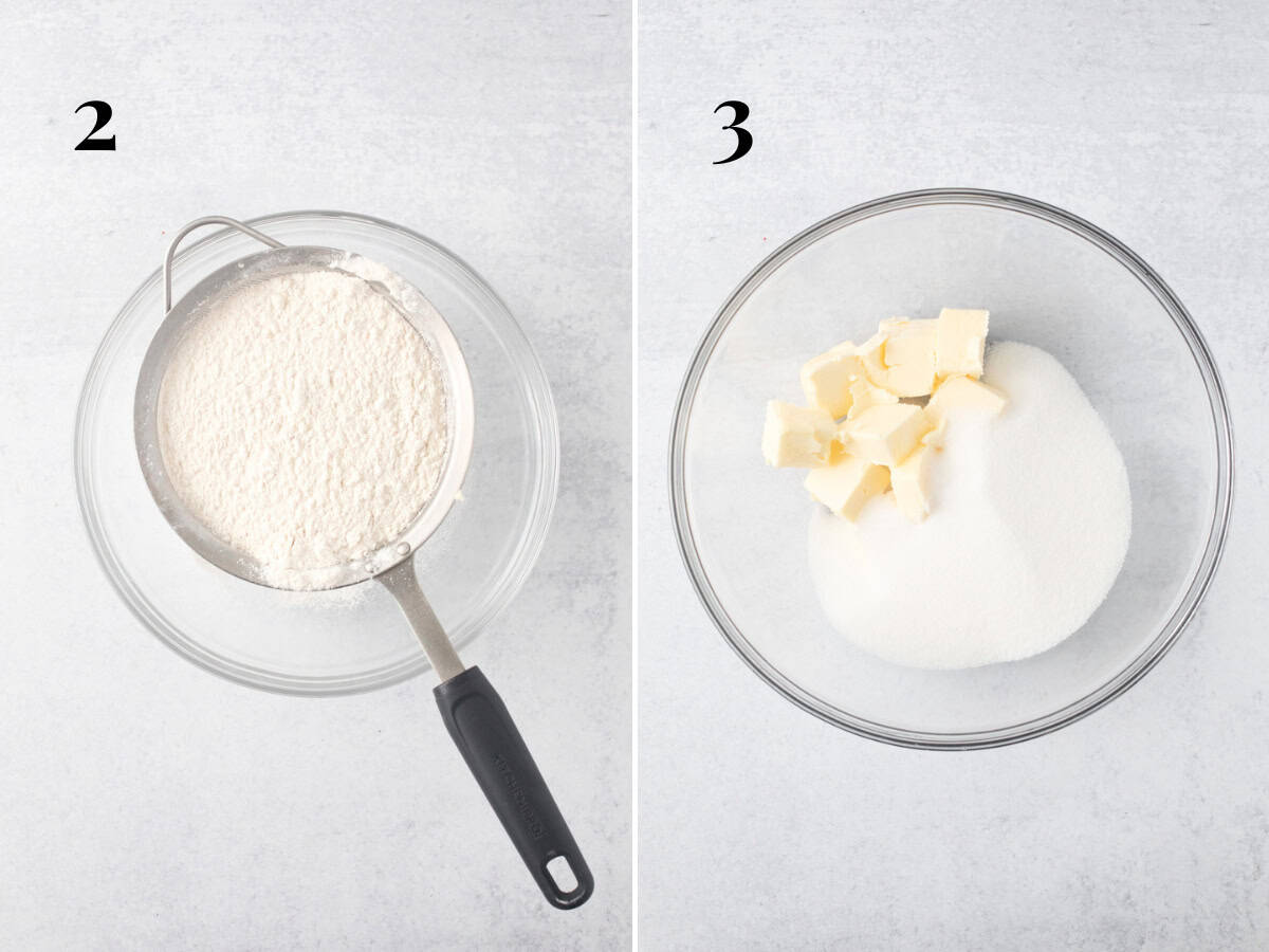 Bowl of dry ingredients being sifted together, and bowl of butter and sugar