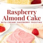This almond cake with raspberry frosting has the perfect flavor combo. The almond is prominent without being too strong and you'll love the moist and tender cake crumb. The raspberry frosting is made with real berries and is bursting with fresh raspberry flavor.