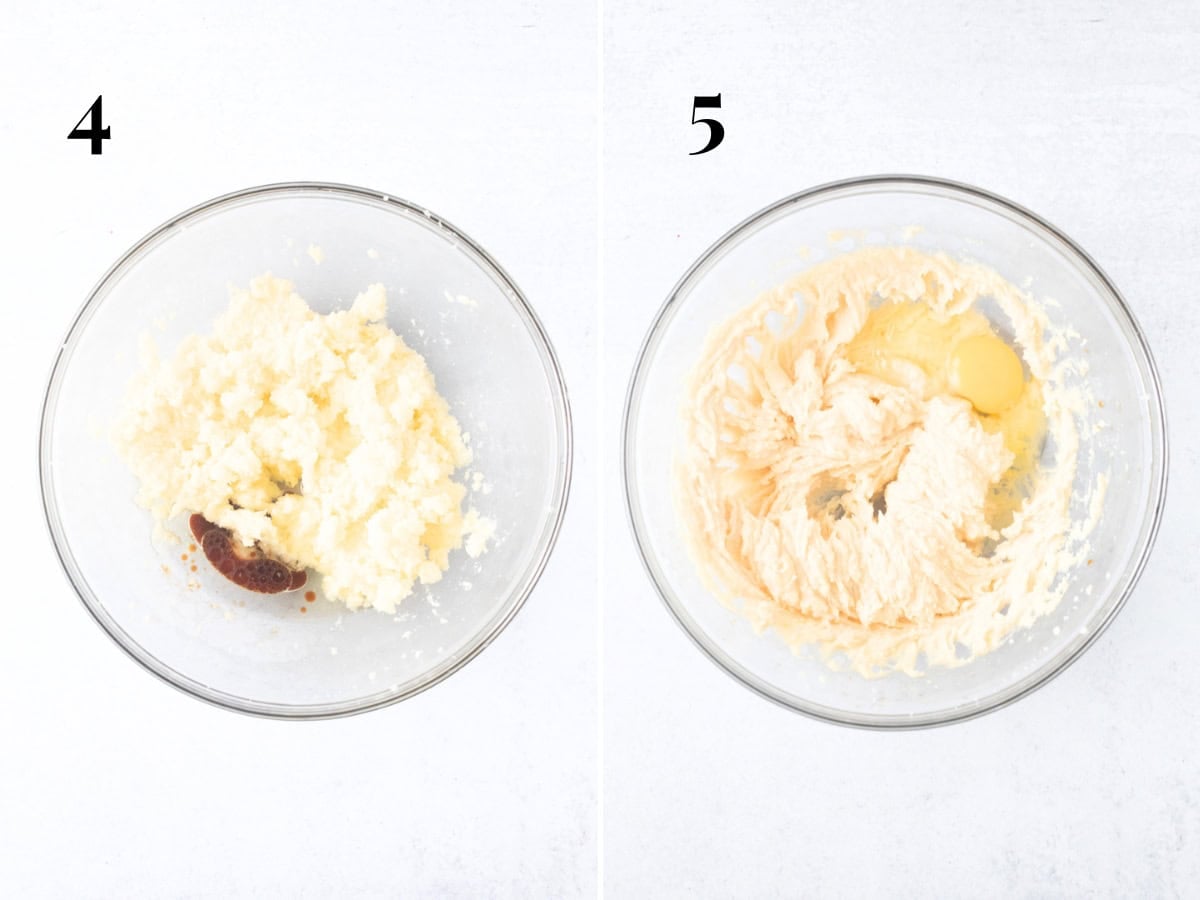 Bowl with creamed butter and sugar with oil and vanilla added to the bowl, and creamed butter, sugar, and oil with 1 egg added to the bowl.