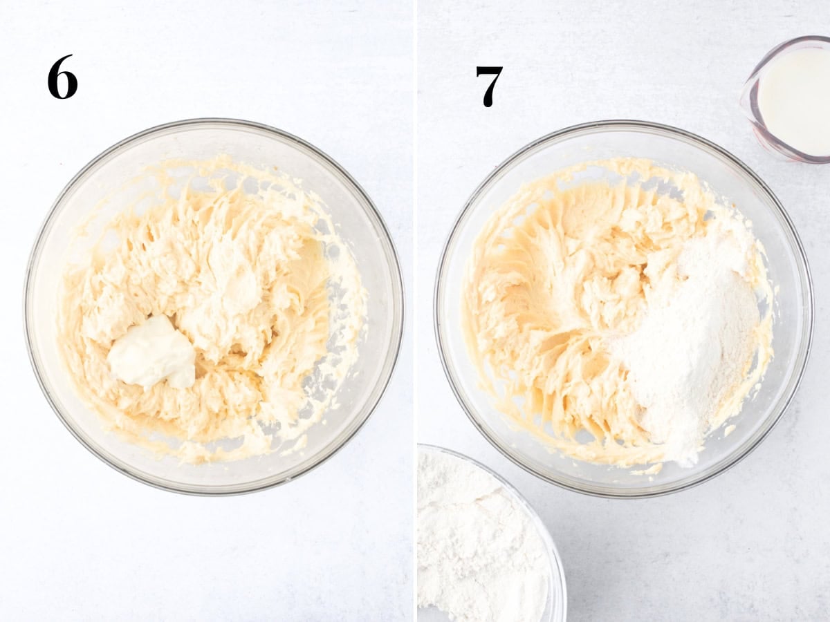 Bowl of cake batter with sour cream added to bowl, and bowl of cake batter, with flour and milk being added to bowl