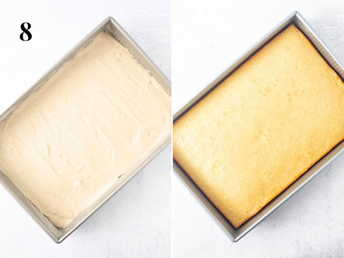 pan of unbaked vanilla sheet cake and baked vanilla sheet cake