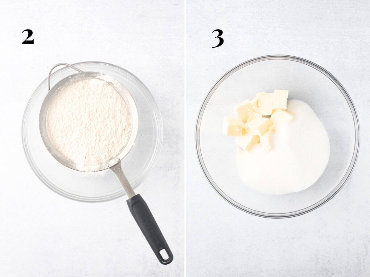 Sifting dry ingredients into a bowl and bowl of butter and sugar.