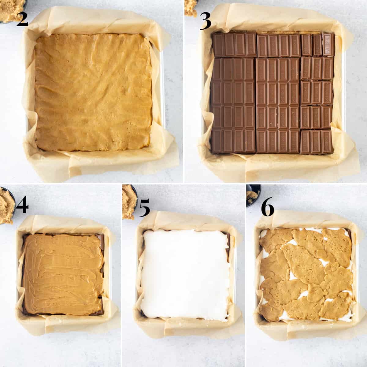 Step by step photos of how to assemble peanut butter s'mores bars