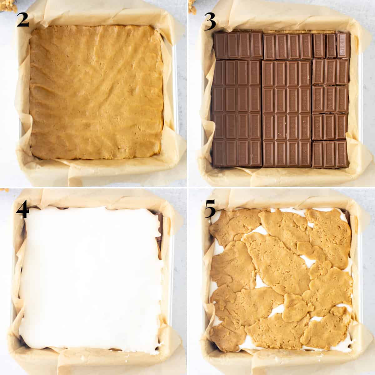 4 photos, showing step-by-step of how to assemble s'mores cookie bars