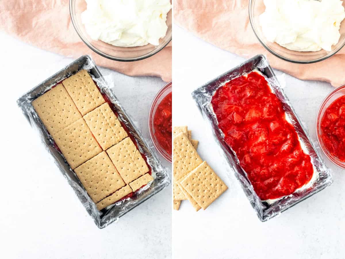Assembling a strawberry icebox cake in a loaf pan