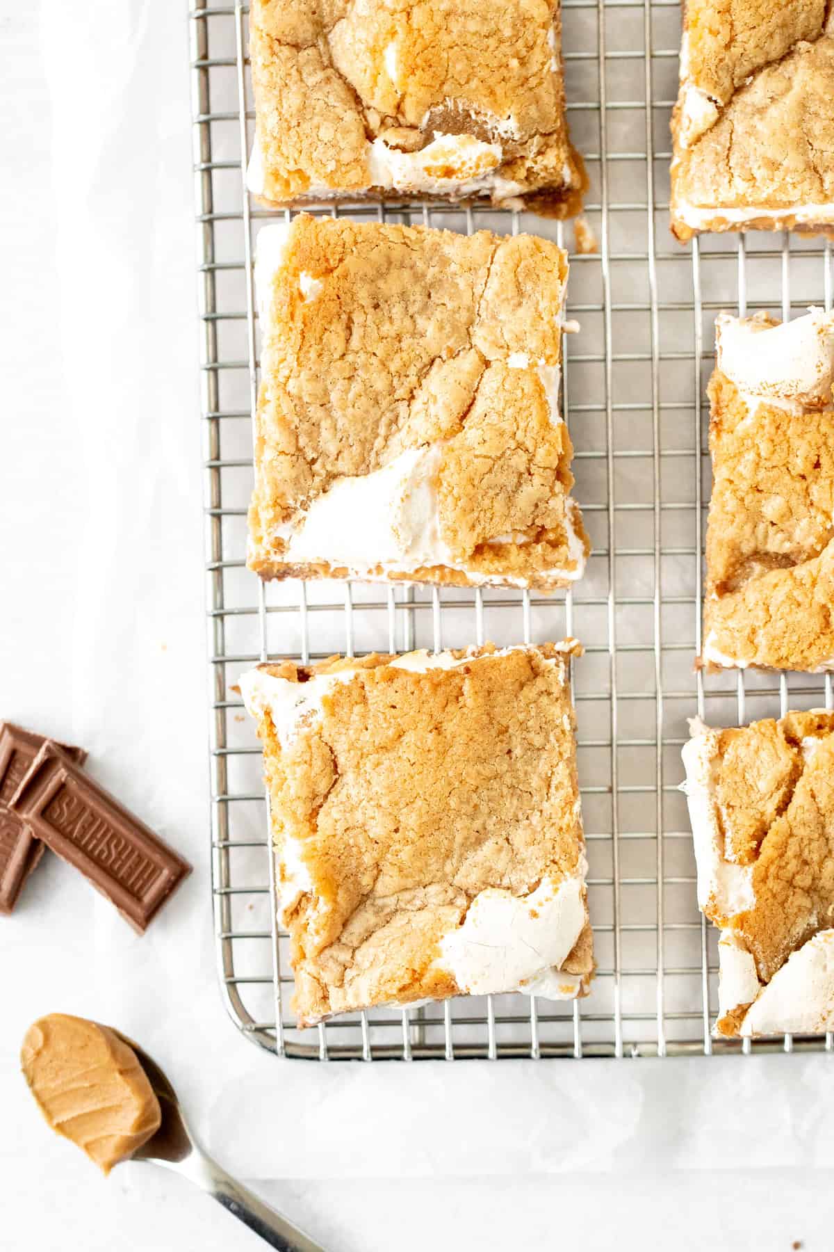peanut butter cookie s'mores bars on a cooling rack