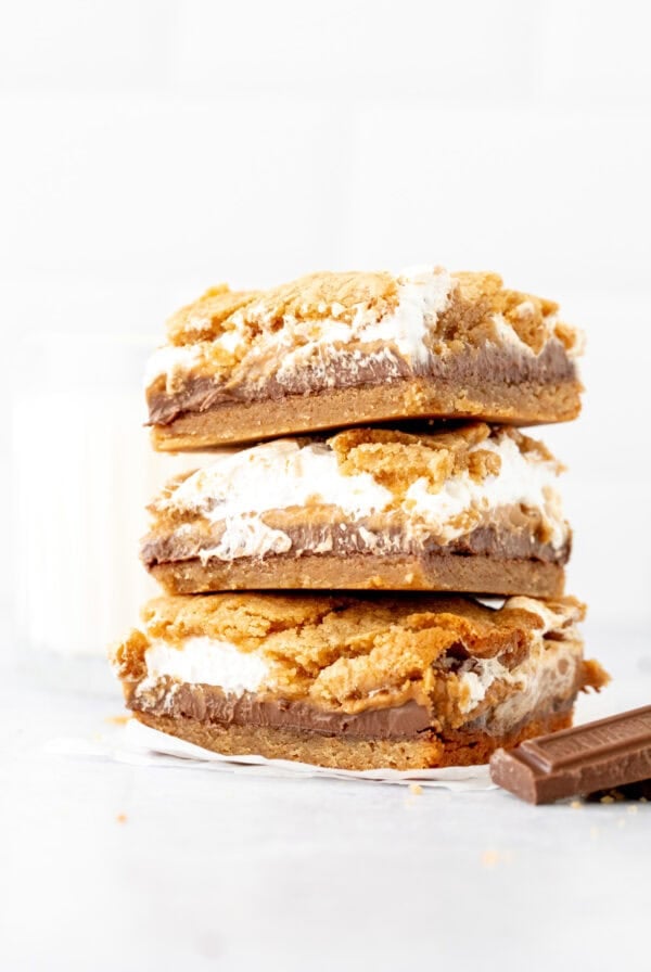 stack of three peanut butter s'mores bars