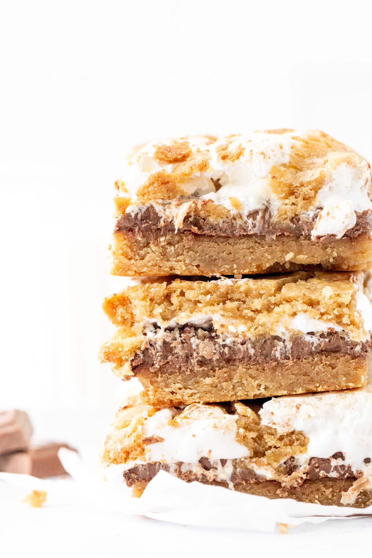 Stack of three gooey s'mores cookie bars