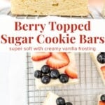 These sugar cookie bars are soft and tender, then topped with creamy vanilla frosting and fresh berries. The recipe makes a large batch and is perfect for summer potlucks, cookouts and BBQs.
