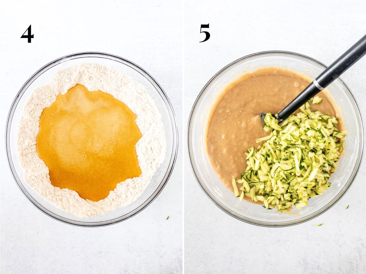 Bowl with wet ingredients poured into dry ingredients, and bowl of cake batter with grated zucchini added to the bowl.