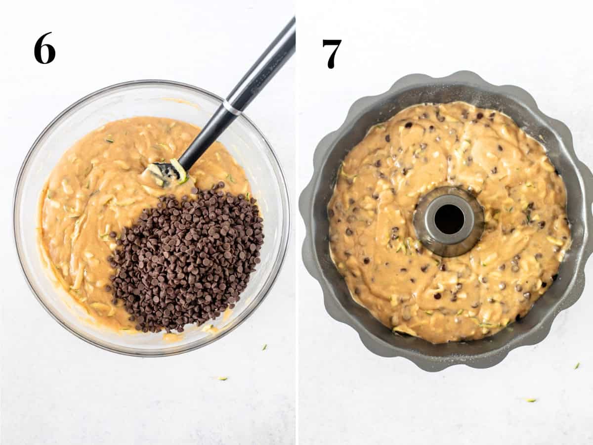 Bowl of zucchini cake batter with chocolate chips, and unbaked zucchini bundt cake in bundt pan.