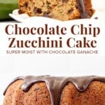 This chocolate chip zucchini cake is incredibly moist with hints of brown sugar and cinnamon. It's filled with chocolate chips, then drizzled with chocolate ganache on top. Made in a bundt pan - it comes together with little effort and turns out super flavorful.