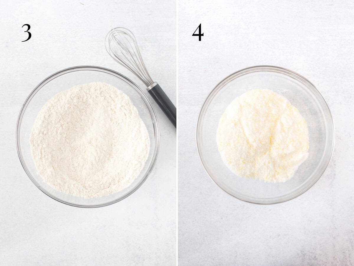 bowl of dry ingredients, and bowl of sugar with lemon zest mixed into the bowl