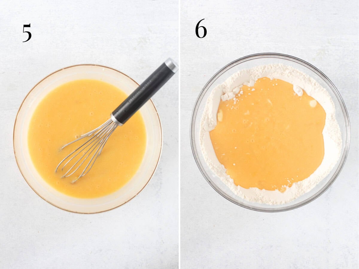 bowl of wet ingredients and bowl of dry ingredients with wet ingredients poured into the bowl