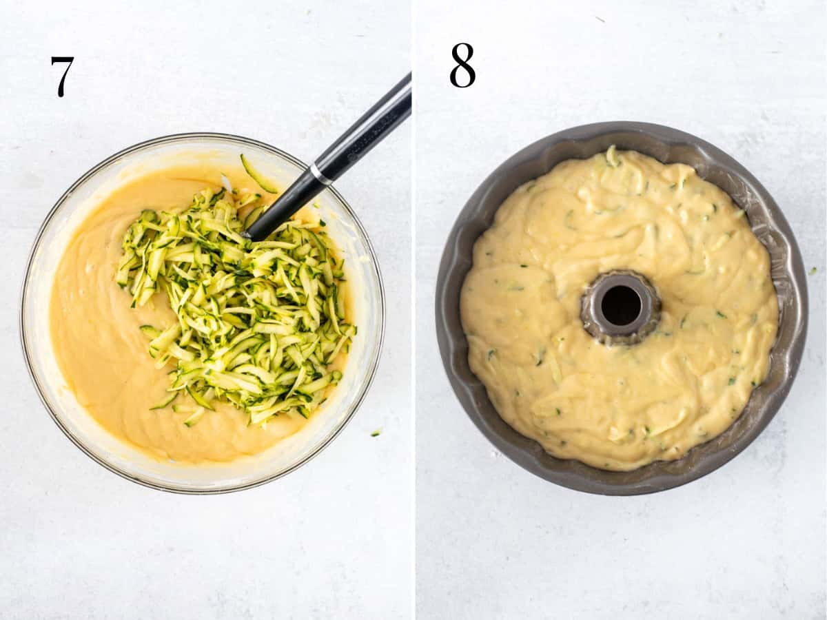 grated zucchini folded into bowl of lemon cake batter, and unbaked lemon zucchini cake