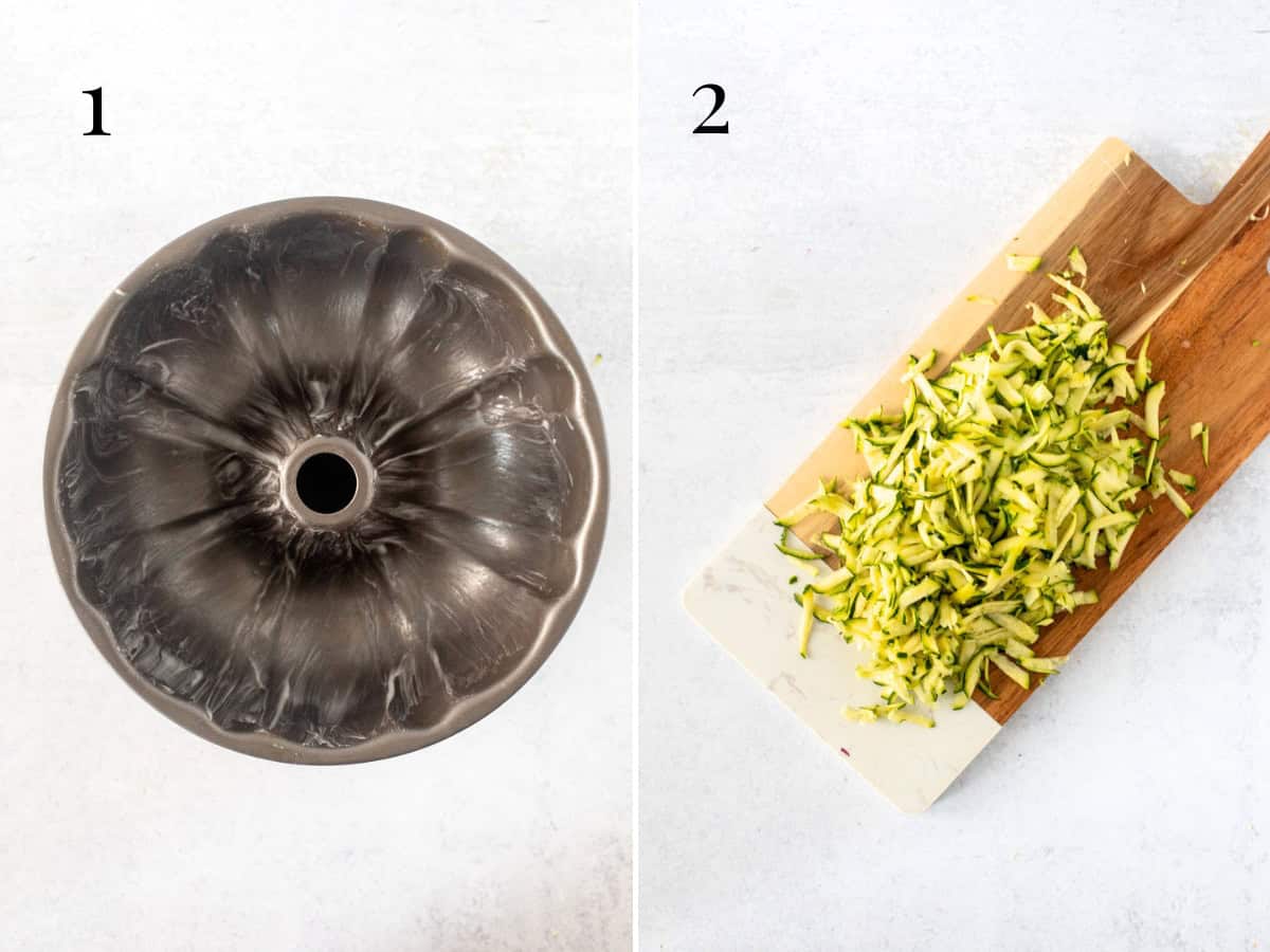greased bundt pan and board with grated zucchini