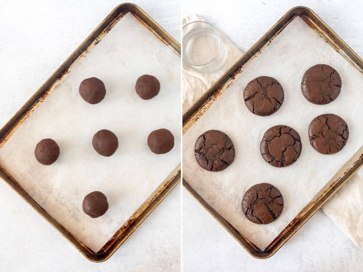 Chocolate cookie dough balls on a lined cookie sheet, and baked chocolate cookies on a lined cookie sheet