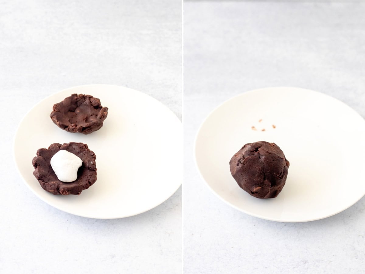 Collage of 2 photos, showing how to assemble s'mores stuffed chocolate cookies