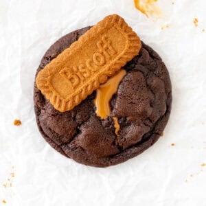 biscoff chocolate cookie topped with a Lotus cookie