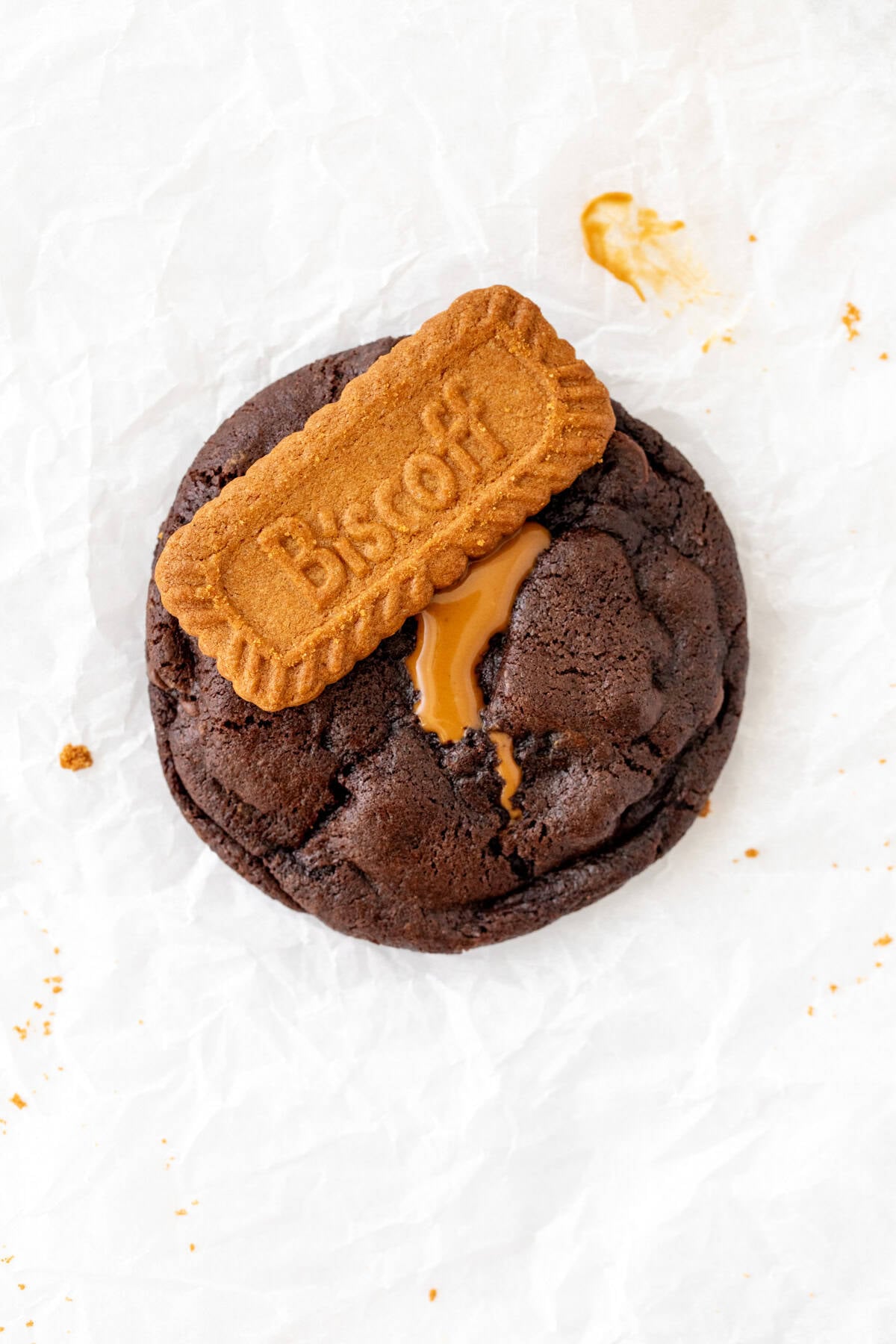 Biscoff chocolate cookie topped with a Lotus Biscoff cookie