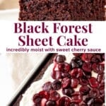 This black forest sheet cake starts with an incredibly rich and fudgy chocolate cake made in 9x13 inch pan. Then it's topped with a fluffy cloud of whipped cream and sweet cherry sauce. It has everything you love about classic black forest cake, but requires way less effort to make.