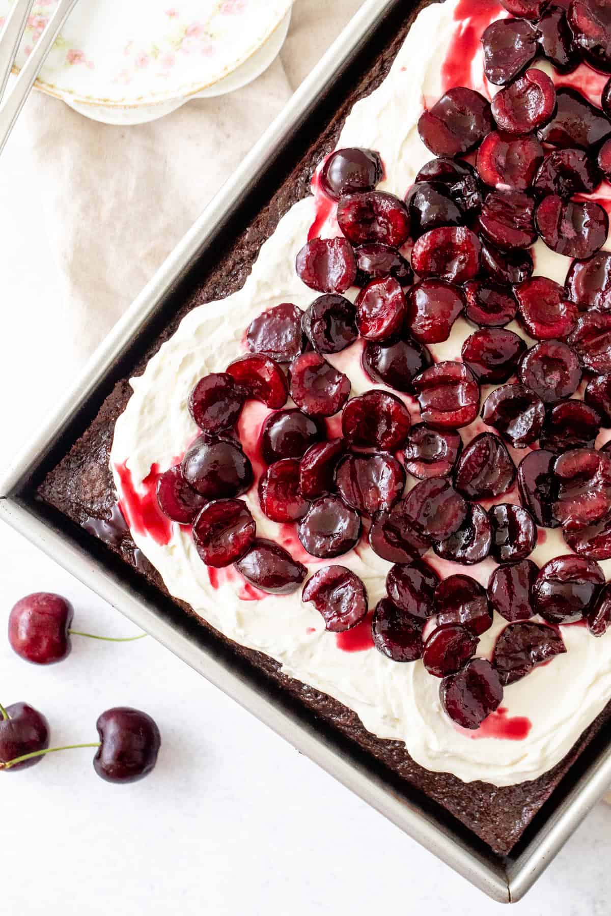 Single layer black forest cake, in a 9x13 inch cake pan