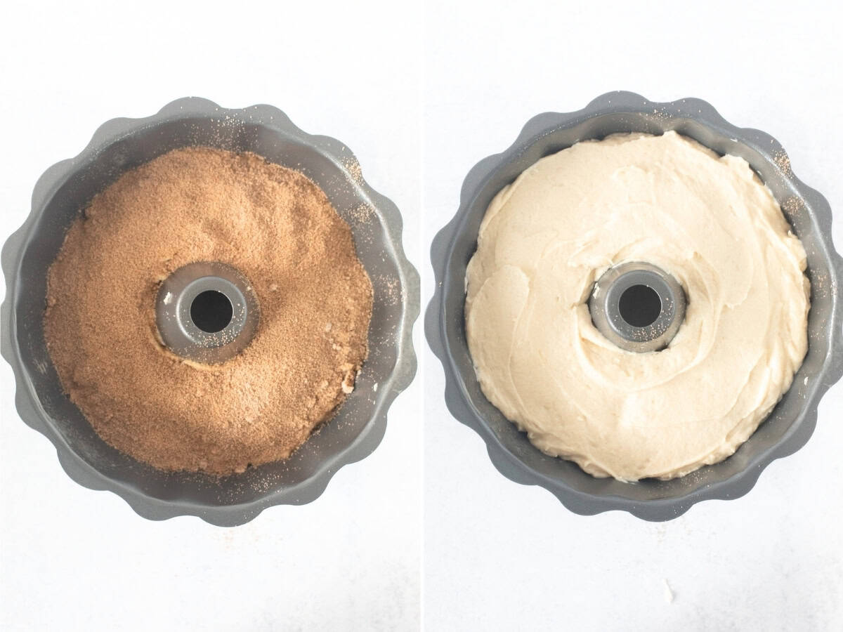 Bundt pan with unbaked cinnamon bundt cake