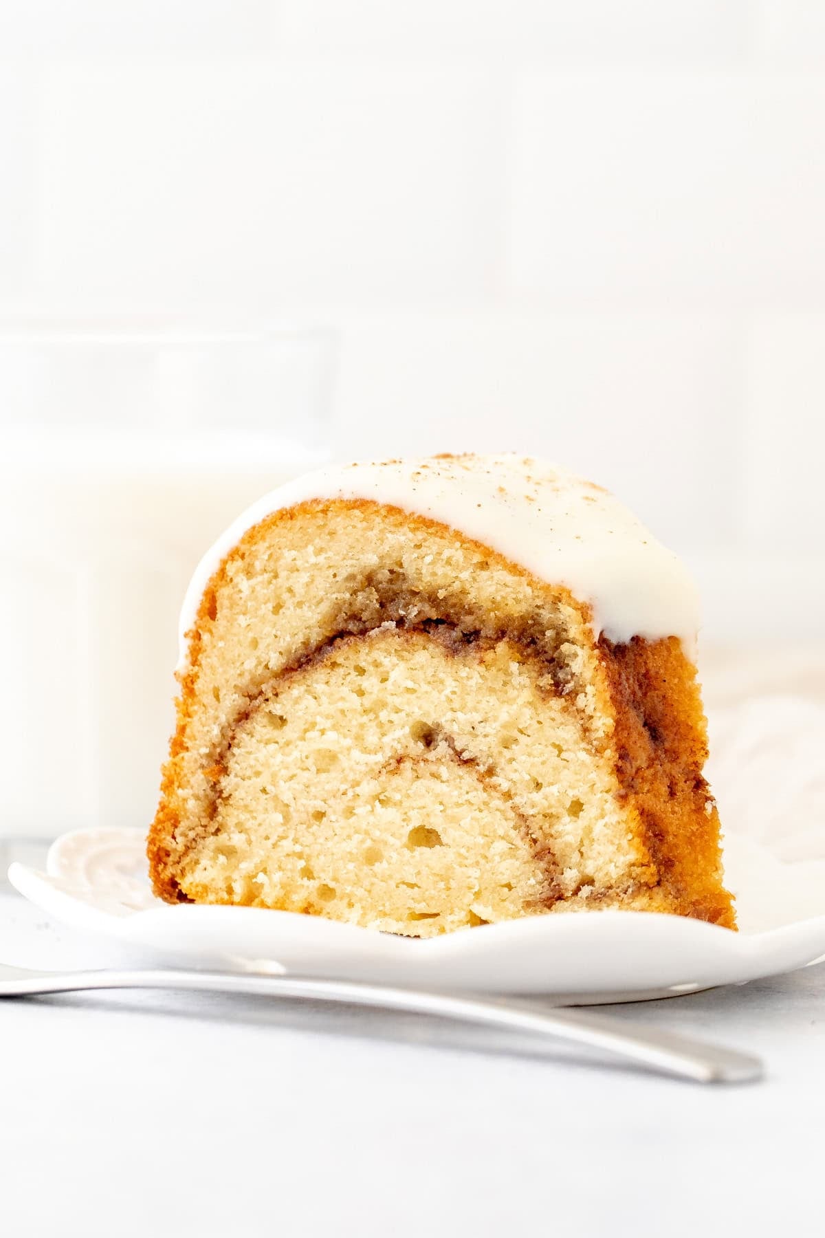 Slice of cinnamon swirl bundt cake