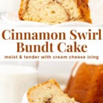 This cinnamon swirl bundt cake is a moist, butter vanilla bundt cake with swirls of cinnamon sugar in the middle and cream cheese icing on top.