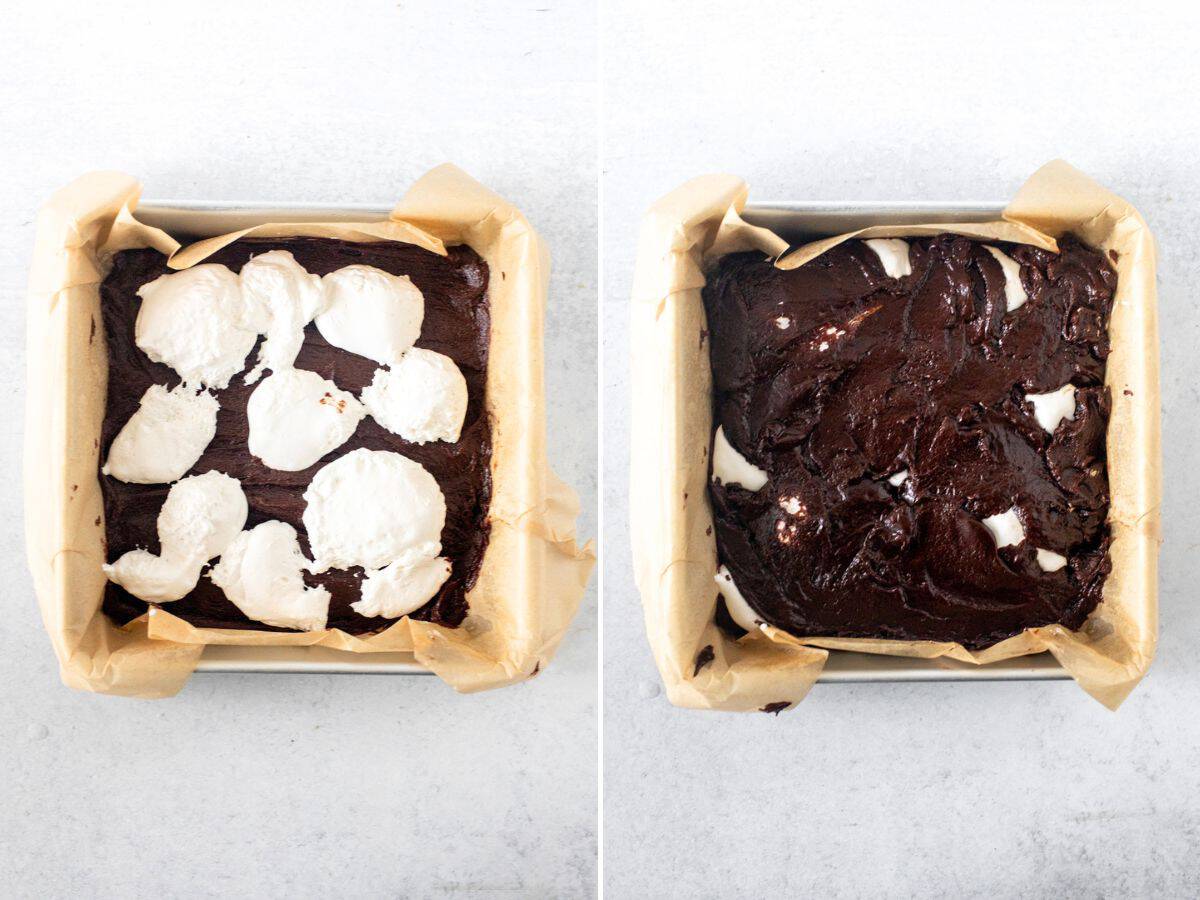 Lined pan, showing how to assemble marshmallow brownies