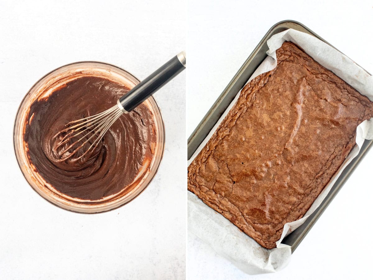 Bowl of brownie batter and pan of baked brownies