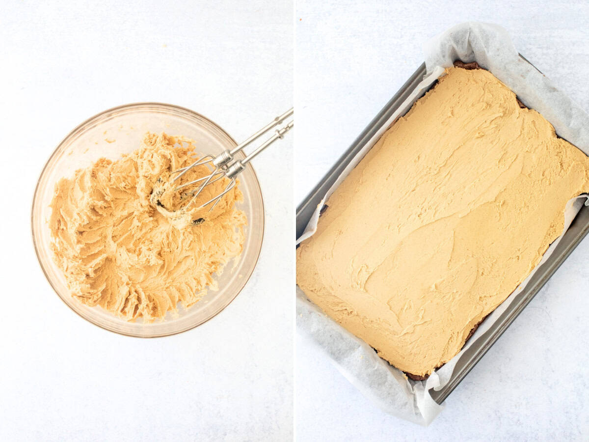 Bowl of peanut butter filling and pan of brownies topped with peanut butter filling