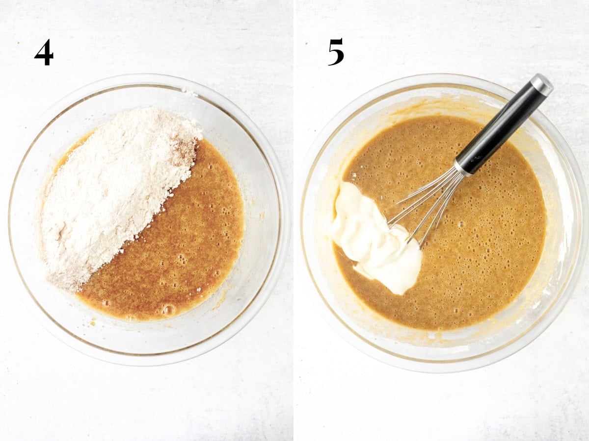 Adding 1/2 of the dry ingredients to the wet ingredients and then adding the sour cream to the wet ingredients.
