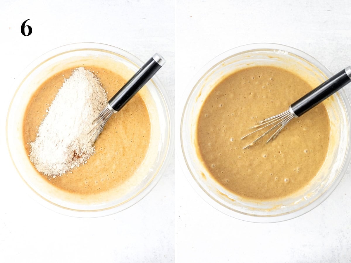 Adding dry ingredients to spice cake batter, and then bowl of spice cake batter