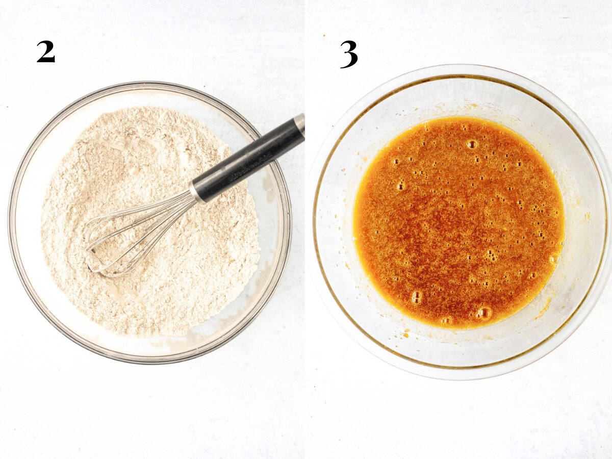 Bowl of dry ingredients and bowl of wet ingredients