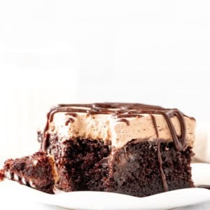 Triple chocolate poke cake with a bite taken out