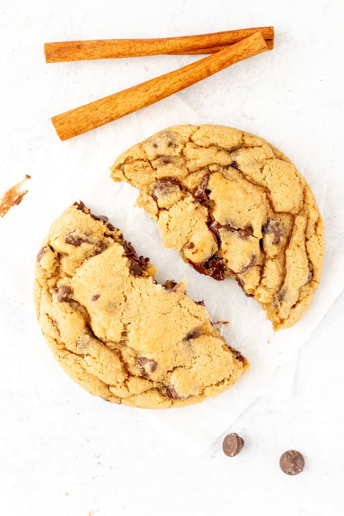 Fall spiced chocolate chip cookie broken in half