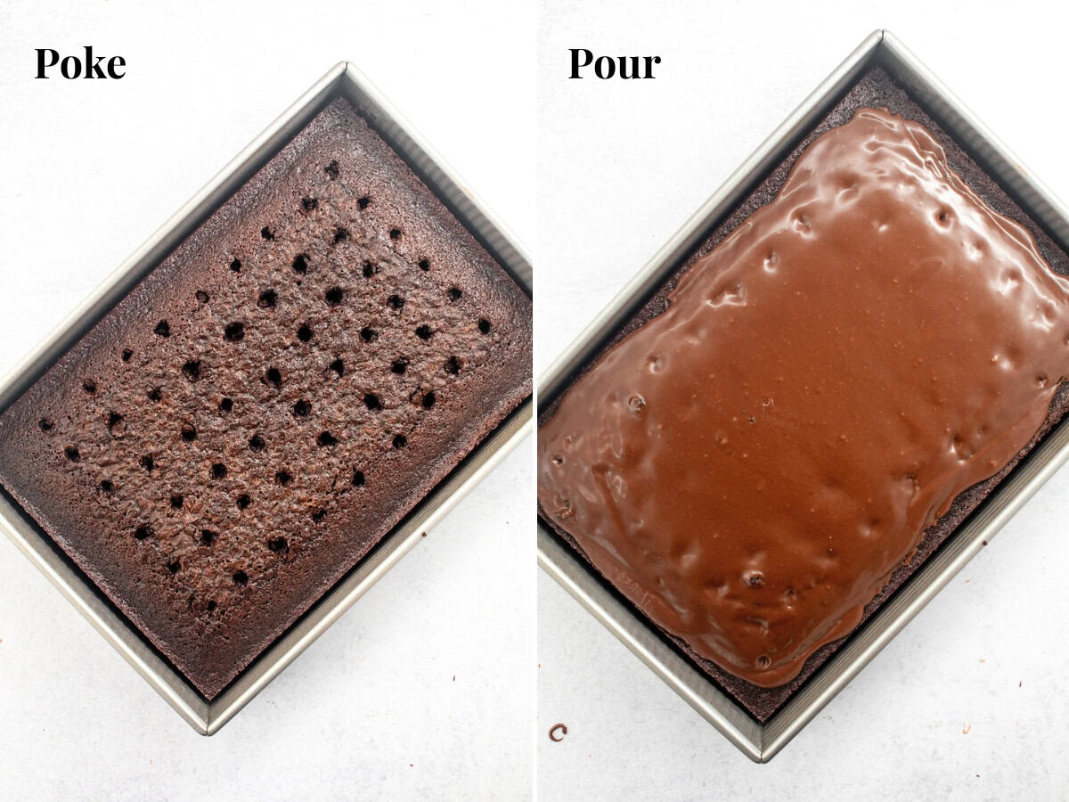 Chocolate sheet cake with holes poked, and chocolate sheet cake with fudge sauce poured over top