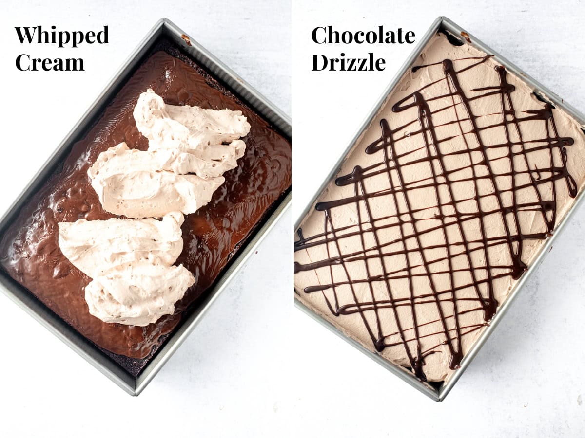 Step by Step photos of adding whipped cream on top of chocolate poke cake
